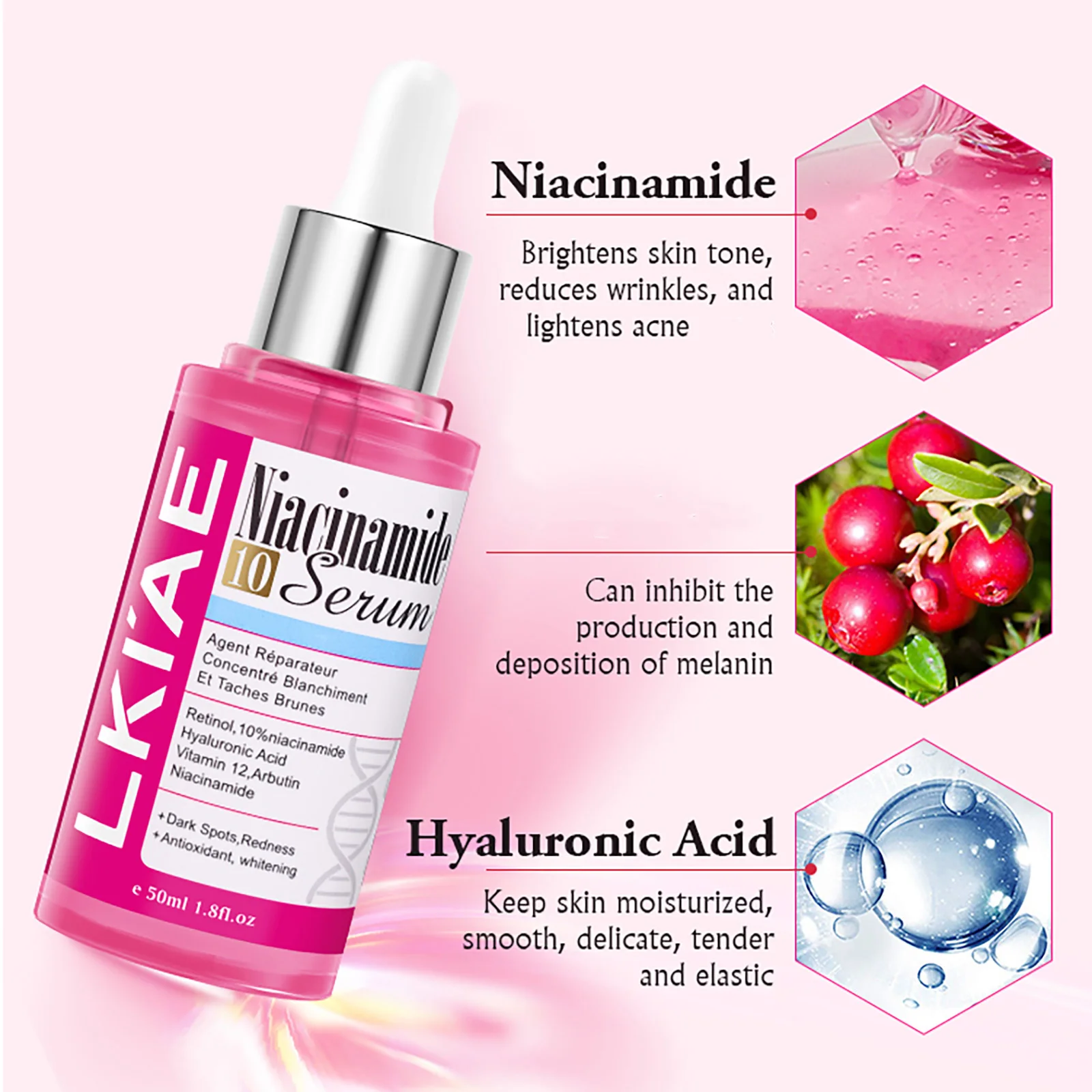 LKIAE Esencia Blanqueadora de Nicotinamida, Antiarrugas, Antimanchas, Con Ácido Hialurónico, Suero Hidratante Para Rostro y Cuerpo