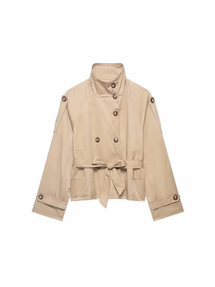 Abrigos cortos tipo trench para mujer, conjunto de otoño para mujer, abrigos de doble botonadura con cuello alto, chaquetas vintage informales para dama
