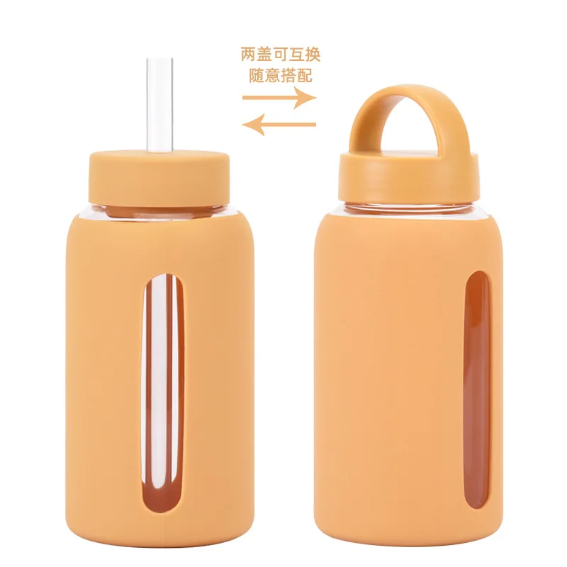 Taza de vidrio de 600ml, tapas dobles, funda de silicona, aislamiento térmico anticaliente, gran capacidad, portátil para exteriores, botella de agua graduada, taza