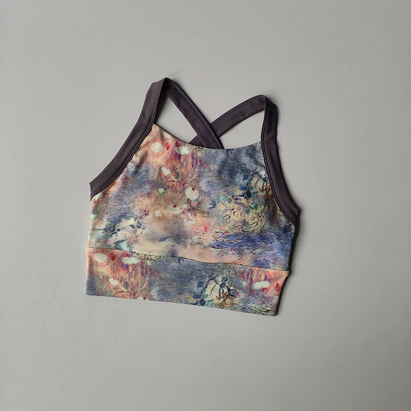 Nueva lencería de Yoga de alta gama para mujer, ropa interior de una pieza con copa fija a prueba de golpes, sujetador con tirantes anchos estampados sexis