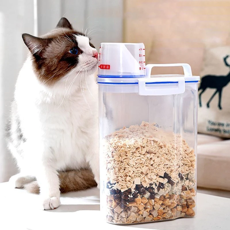 Contenedor de almacenamiento de alimentos para perros y gatos, cubo de plástico con taza medidora hermética a prueba de humedad, suministros para mascotas, tarro de cocina, 1,5 kg/2kg