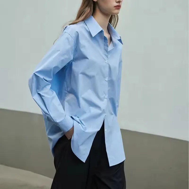 Camisa básica holgada de algodón 100% de Color sólido para mujer, cárdigan elegante de oficina para mujer, cárdigan con cuello de solapa, camisas de manga larga 2026