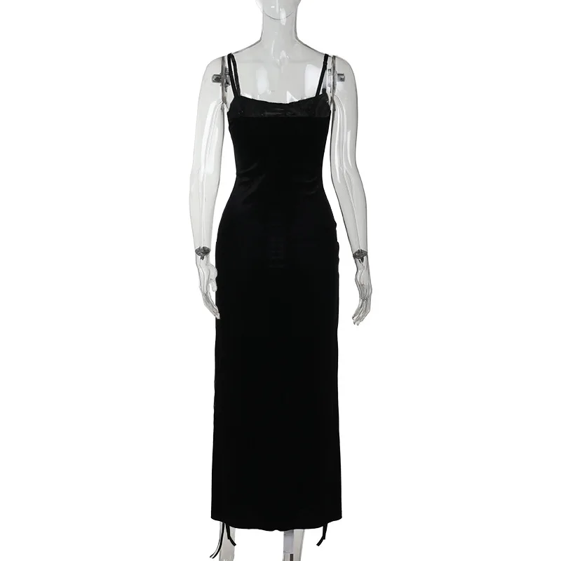 Vestido de terciopelo gótico oscuro estilo punk grunge con abertura alta y tirantes, estilo streetwear de los 90, sexy, con vendaje de espalda, para mujer, ropa gótica de moda.