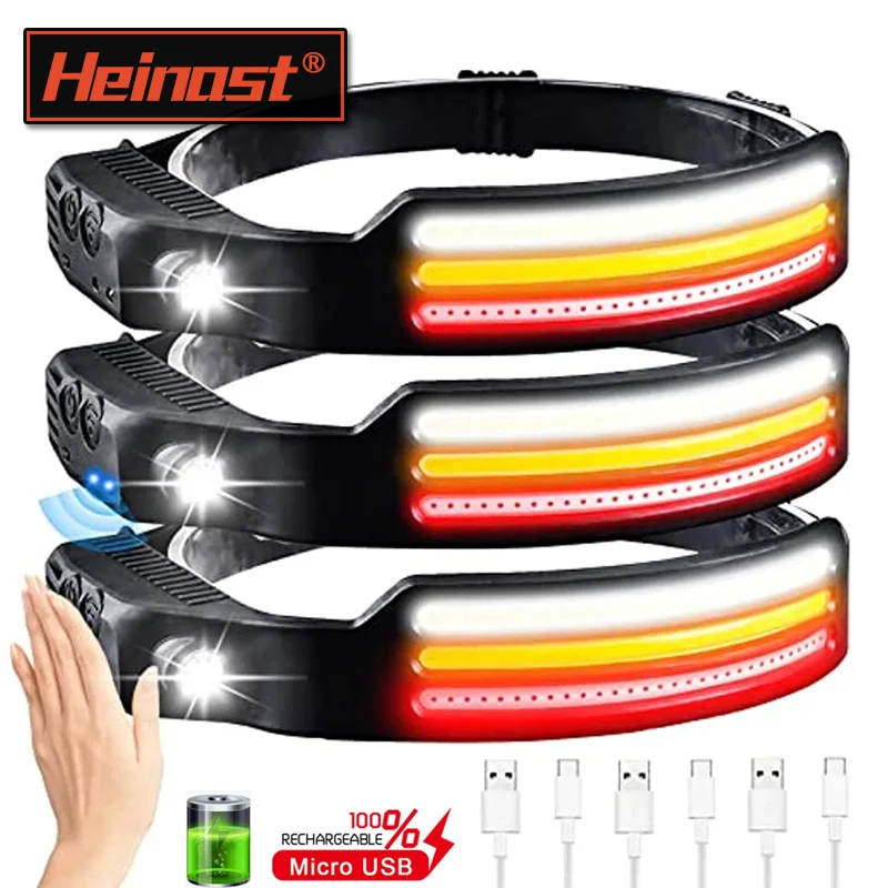 Linterna frontal con Sensor de movimiento IR, recargable por USB, luz blanca/amarilla/roja, 10 modos, resistente al agua