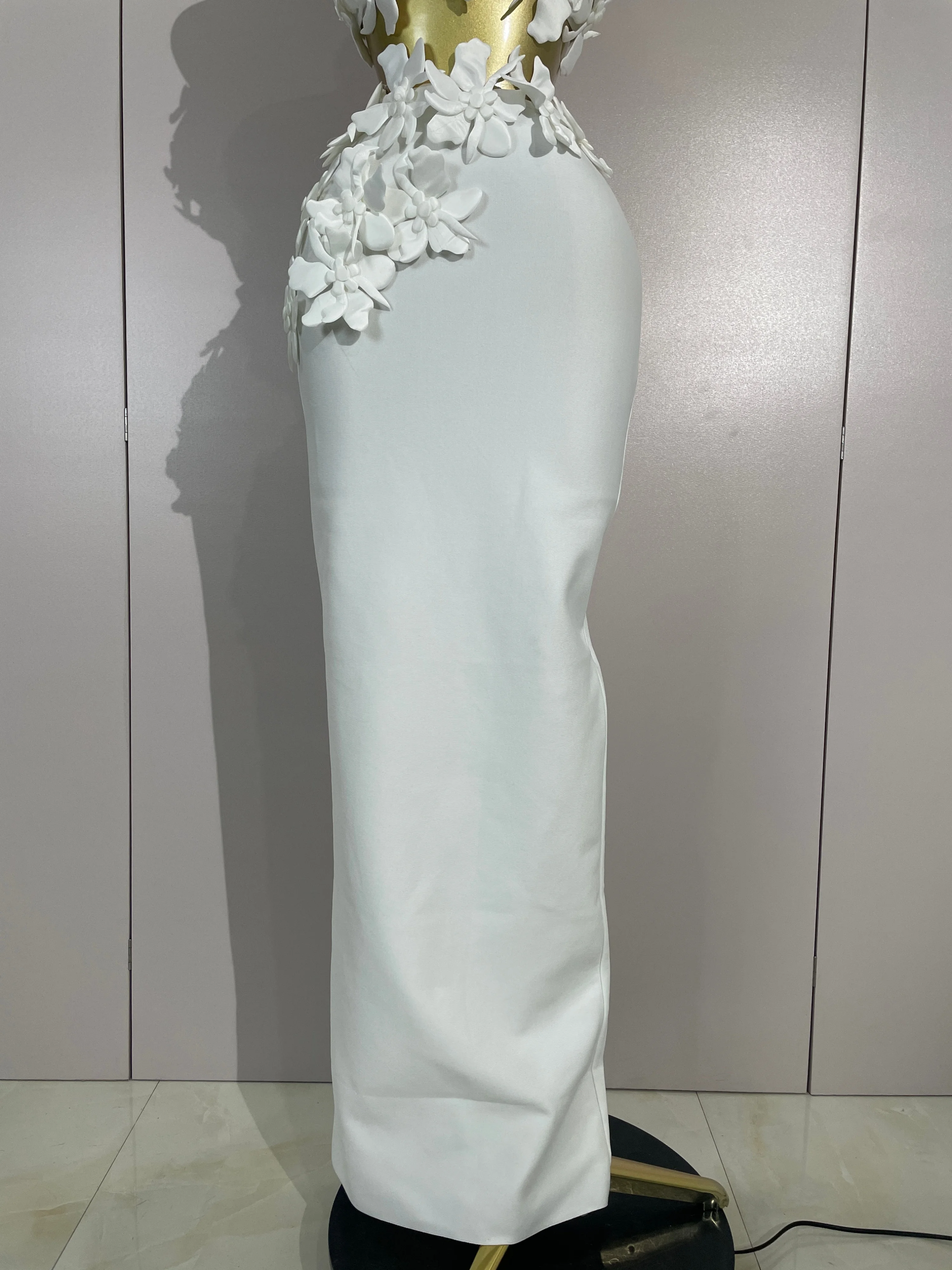 Vestido Largo Ajustado con Cuello en V y Flores Blancas para Mujer, Conjunto de Dos Piezas, Vestido de Fiesta, Graduación, Club Nocturno, Celebración de Cumpleaños