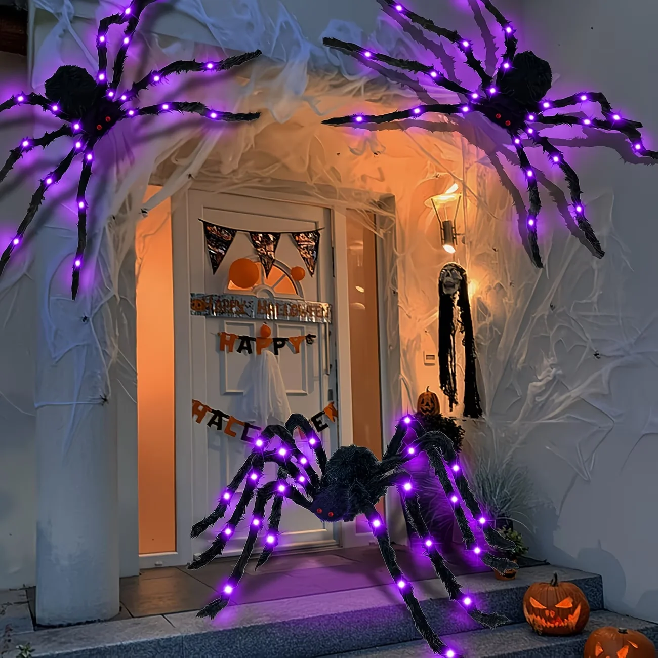 1 pieza de araña gigante luminosa de Halloween, negra y peluda, con luz LED morada, alimentada por batería, 8 modos de iluminación, para decoración de porches interiores y exteriores.