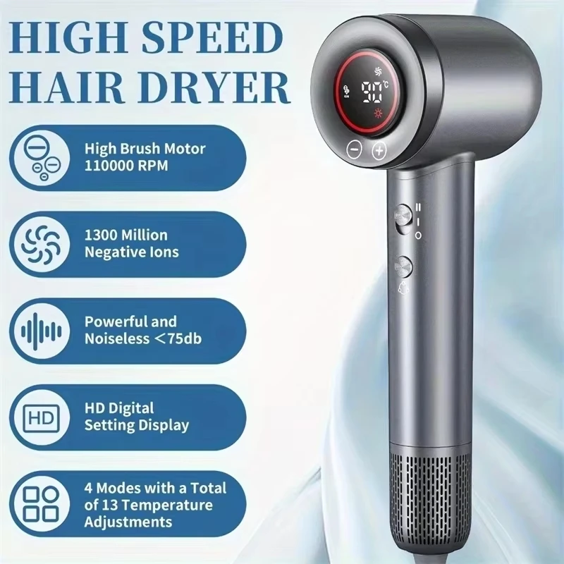 Secador de Pelo de Alta Velocidad 110000 RPM, Motor sin Escobillas de Bajo Ruido, Control de 5 Velocidades con Difusor Magnético y Boquilla, Ideal para Viajes y Salones, Regalo Perfecto para Mujeres