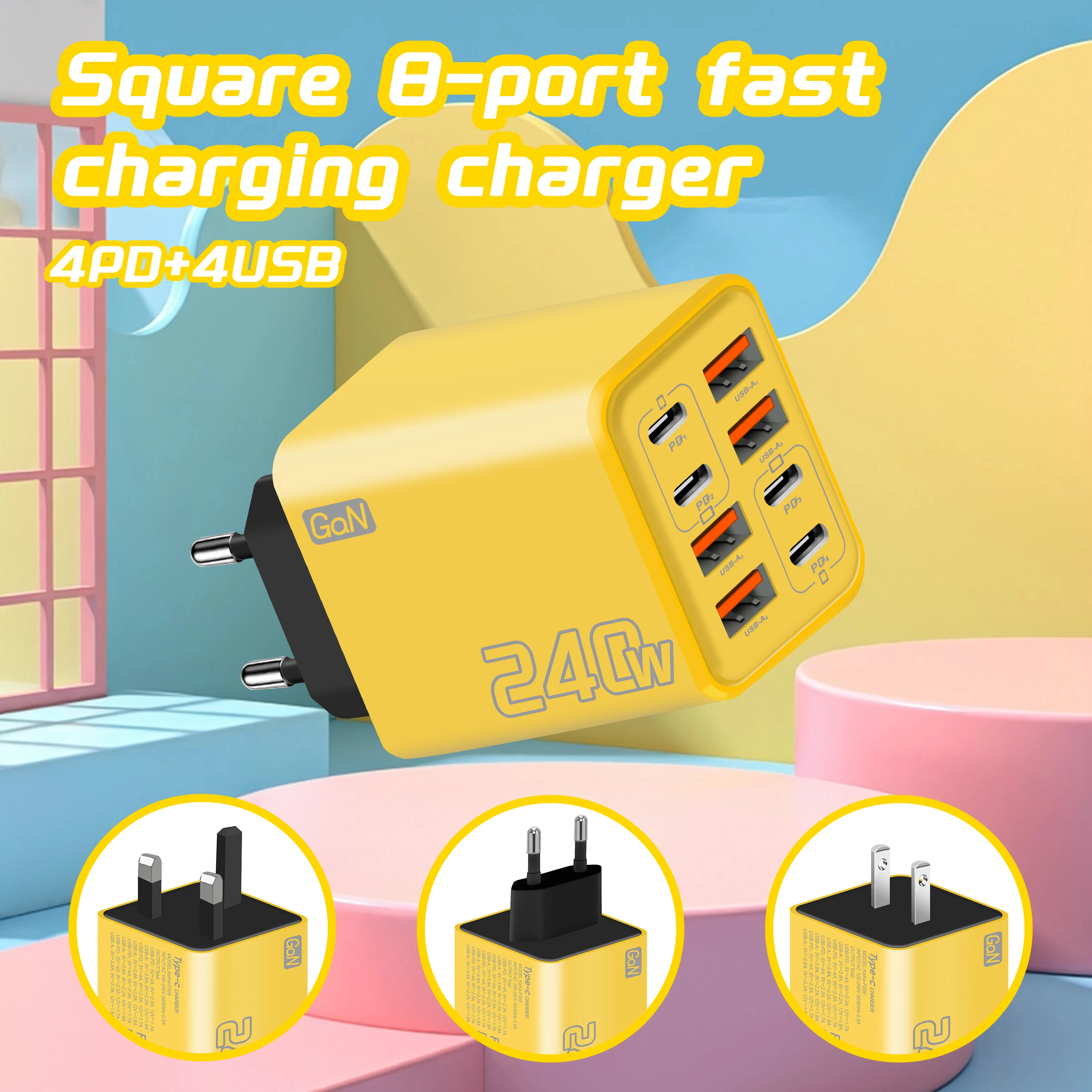 Cargador de escritorio USB C GaN 8 en 1, adaptador de carga rápida de 240W, Cable tipo C para iPhone, Samsung, Xiaomi, cargador con enchufe EU/US/UK