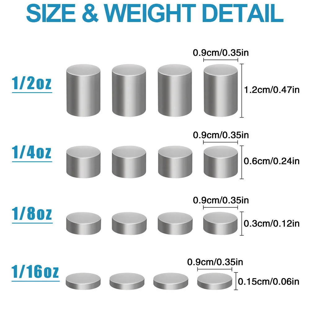 20 piezas pesas de acero para coche de madera, cilindros de potencia para coche de carrera de pino, peso amortiguador de aleación de acero 1/16OZ 1/8OZ 1/4OZ 1/2OZ
