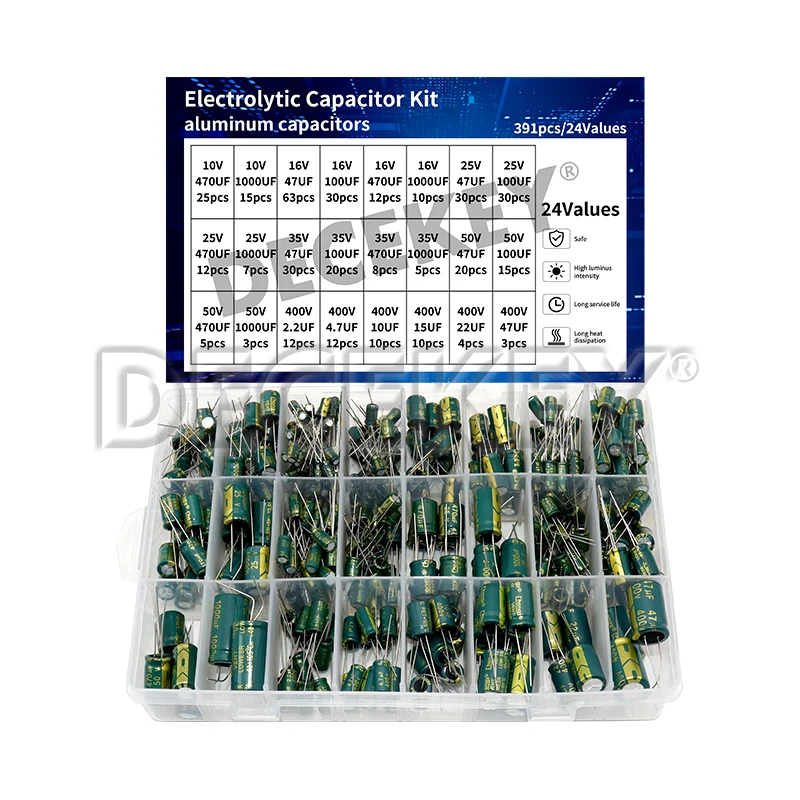 Kit de condensadores electrolíticos de alta frecuencia, 391 Uds., 24 valores, 10V, 16V, 25V, 35V, 50V, 400V para TV, Monitor LCD, juego