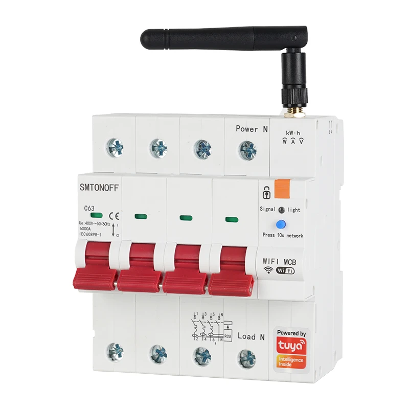 Interruptor inteligente WiFi 4P MCB 63A RS485, temporizador con medidor prepago, Protector de corriente y voltaje, Control por voz, Alexa y Google Alice, Tuya