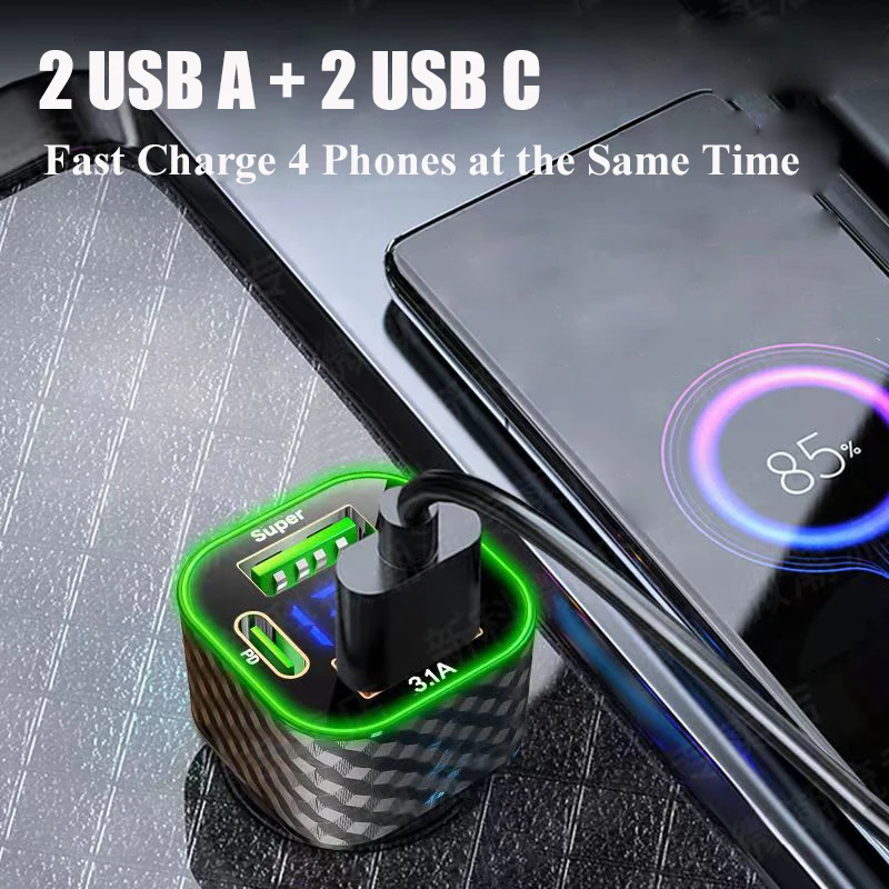 UYUXIO USB C Cargador de teléfono para automóvil Dual PD 4 en 1 con pantalla de voltaje Adaptador de carga súper rápida para iPhone Xiaomi Oppo Vivo Samsung