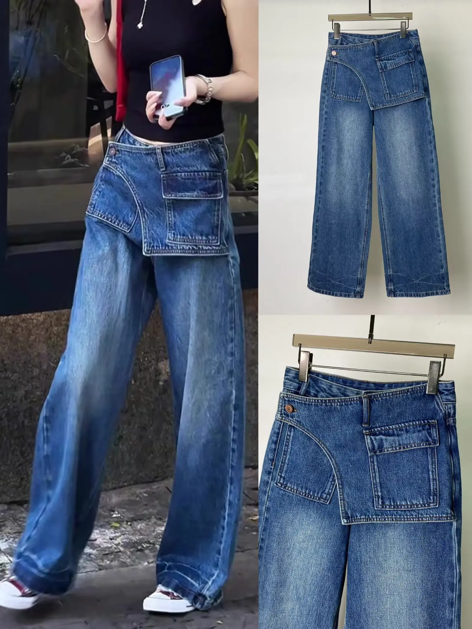 Jeans de Mujer Talla Grande Estilo Americano, Vintage, Lavados, de Cintura Alta, Irregulares, Holgados, de Pierna Ancha, Pantalones Vaqueros Combinables para Mujer