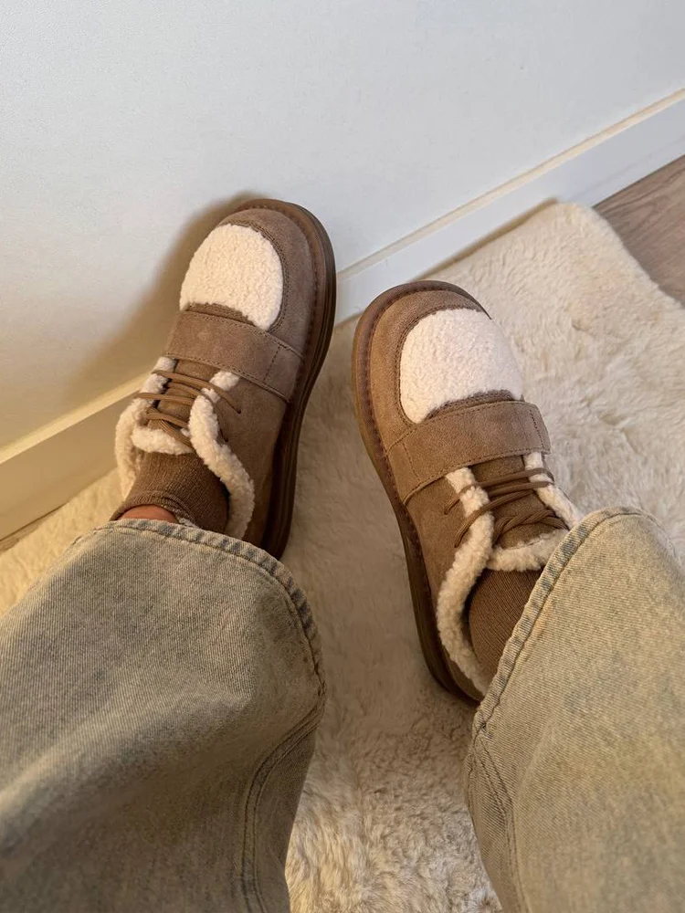 BEAUTODAY, zapatos peludos para mujer, zapatos planos de cuero vacuno con punta redonda, gancho y bucle con cordones, mocasines de invierno para mujer hechos a mano A27843