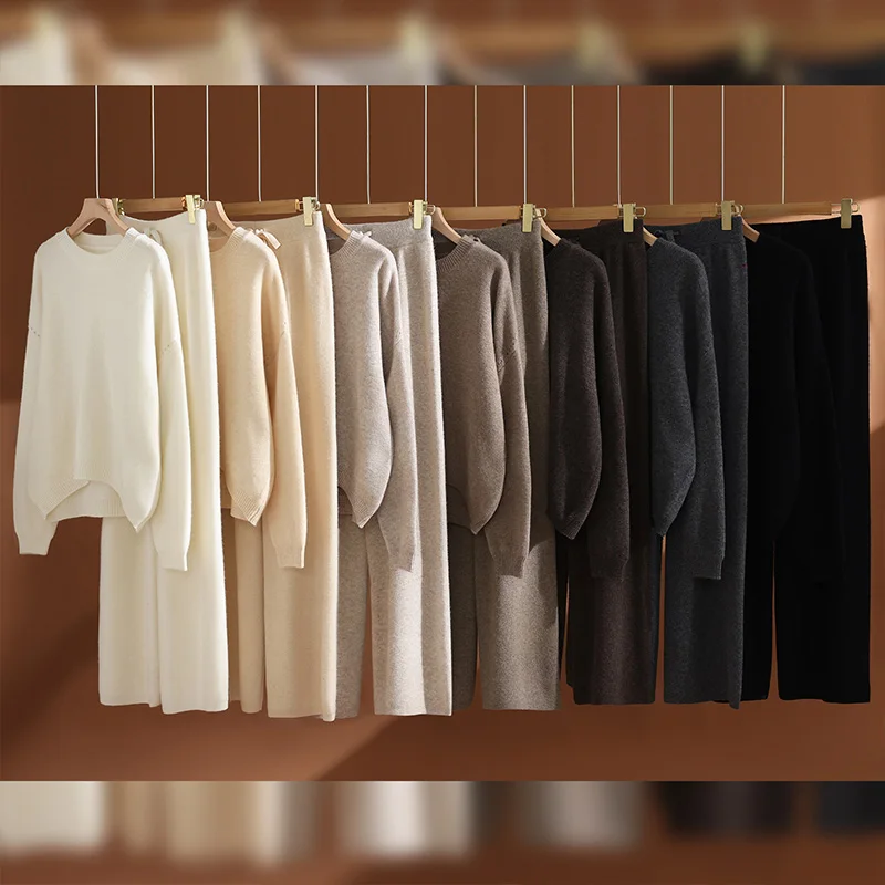 Conjunto de lana de 100% para mujer, jersey con cuello redondo, pantalones de pierna ancha, suéter de Cachemira liso holgado y grueso para otoño e invierno, pantalones de punto, traje