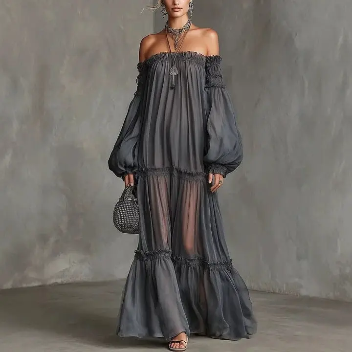 Elegante Vestido Maxi con Hombros Descubiertos y Mangas Largas Abullonadas para Mujer, Transparente con Volantes en Capas, Fluido, para Playa, Vacaciones, Noche, Vestidos