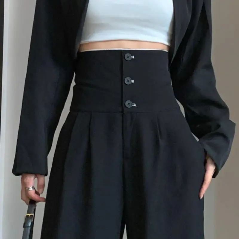 Pantalones negros de cintura alta para mujer, pantalones de piso colgantes, pantalones casuales sueltos de pierna ancha, nuevo estilo de otoño