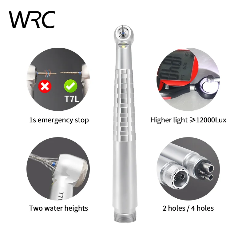Pieza de mano dental LED de alta velocidad T7L, sin retracción, con 4 pulverizaciones de agua, botón pulsador, 2/4 orificios, pieza de mano de turbina de aire para clínica dental