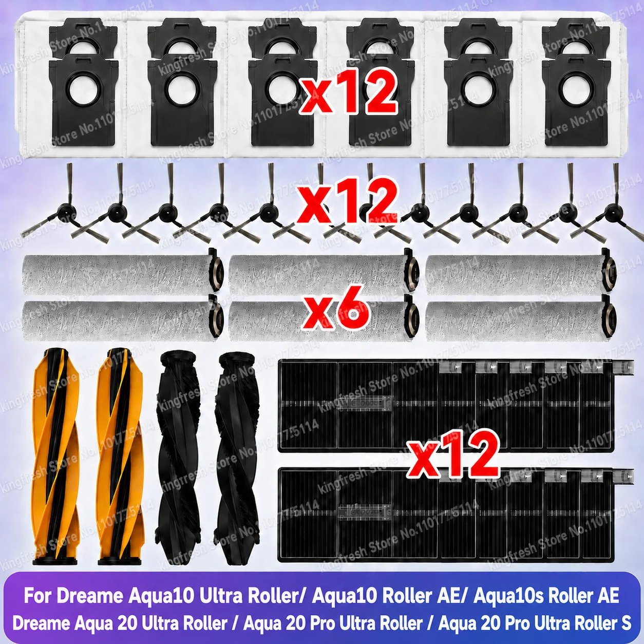 Compatible con Dreame Aqua 10 Ultra Roller / Aqua10 Roller AE / Aqua10s Roller AE, Aqua 20 Ultra Roller/ Aqua20 Pro Ultra Roller S Complete principal Cepillo lateral Bolsa Filtro Rodillo Paño de limpieza Accesorios