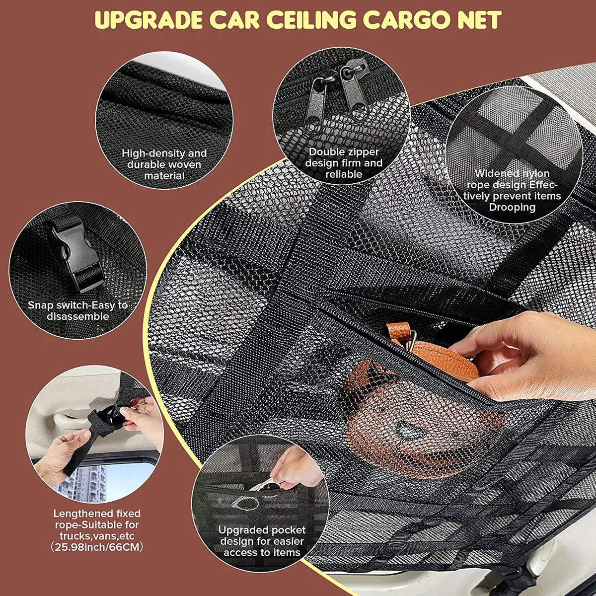 Bolsa de red fuerte para coche, malla con soporte de carga, capacidad de almacenamiento para techo de coche, organizador de accesorios para automóvil, gran viaje, ahorro de espacio
