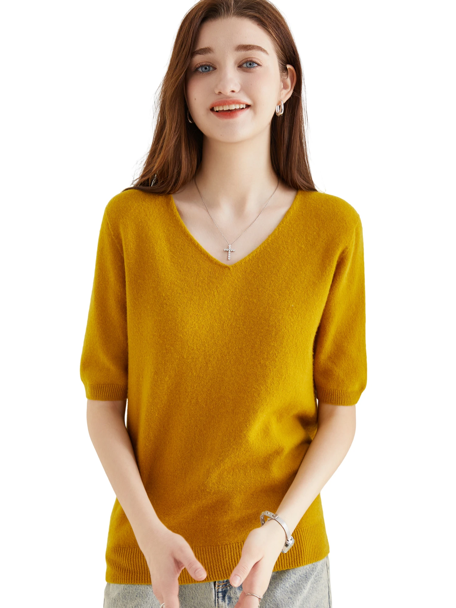 Suéter de mujer, suéter de lana merina de 100% para mujer, jersey, Tops de manga corta, ropa femenina de punto suave con cuello en V para primavera y verano