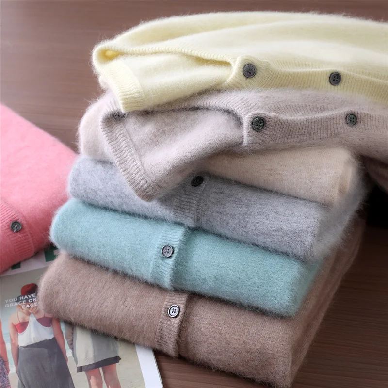 Nuevo suéter de cachemira de visón de 100% para mujer, cárdigan con botones y cuello redondo, suéter suave y cálido para otoño e invierno, Tops informales de manga larga