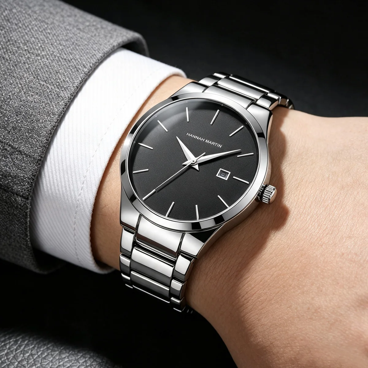 Hannah Martin Reloj de acero inoxidable para hombre Estilo de negocios de moda Estilo minimalista negro Relojes con movimiento de cuarzo resistente al agua 3Bar