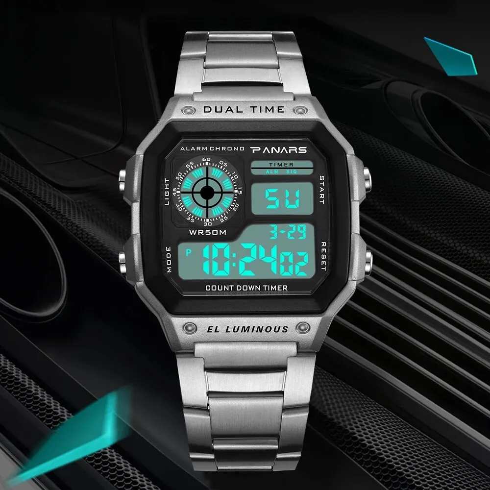 PANARS-reloj deportivo de lujo para hombre, cronógrafo Digital con correa de acero inoxidable, resistente al agua, con luz trasera y alarma