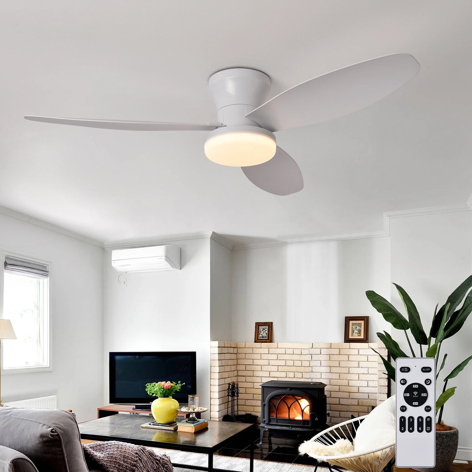 Ventilador de techo con luz 3 colores, 6 velocidades, sincronización, ventilador de techo con control remoto 3 aspas para cocina dormitorio comedor