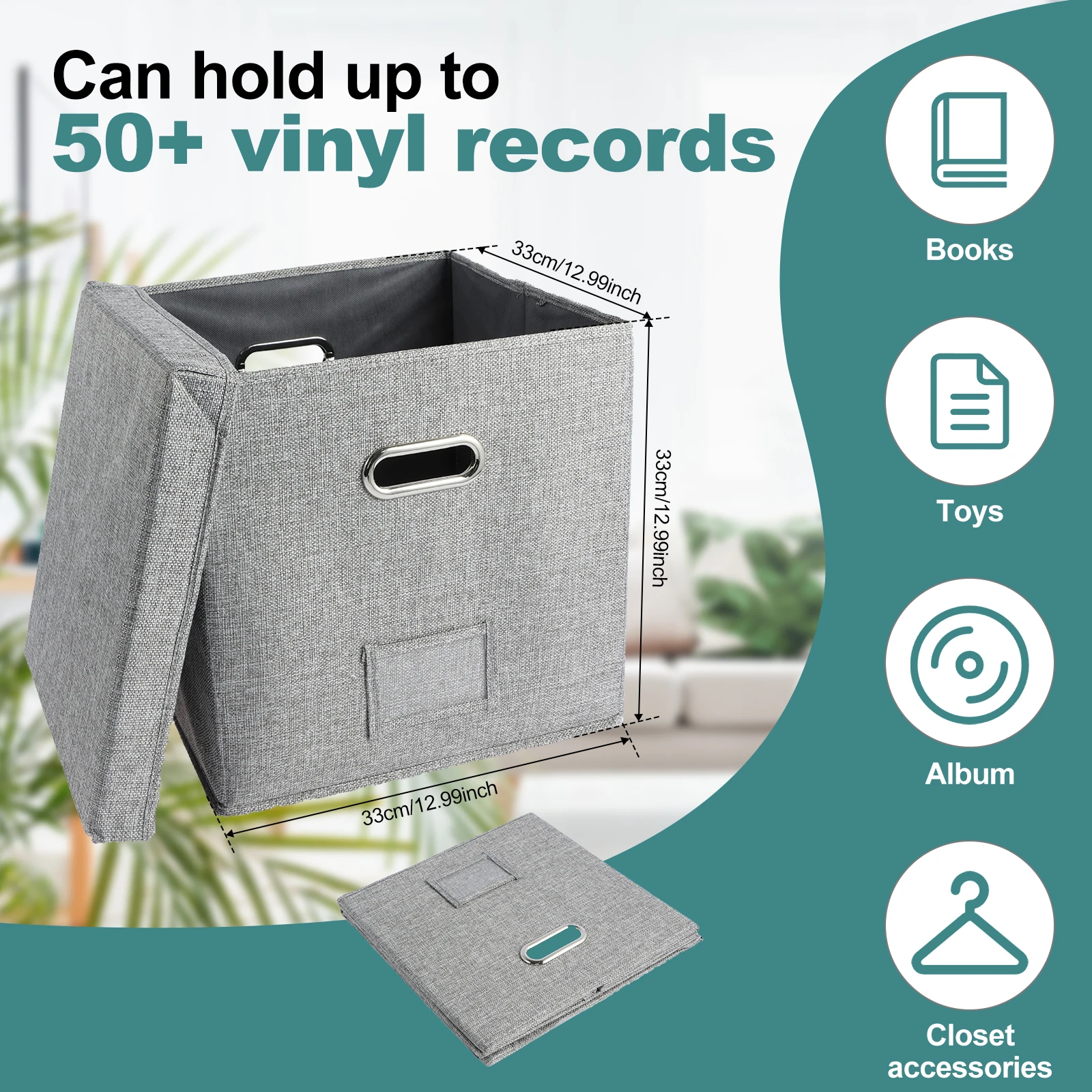 Organizador plegable de 13 pulgadas, caja de almacenamiento de discos de vinilo de gran capacidad con tapa, armario de casa de lino y algodón, organizador multifuncional