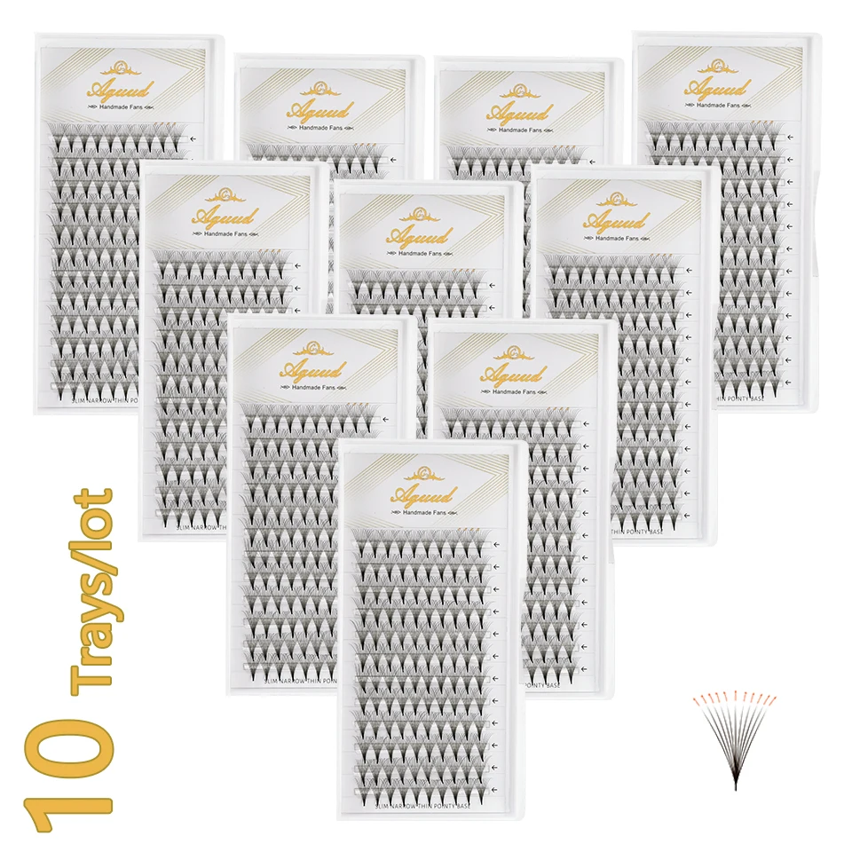 AGUUD 10 Bandejas/Lote Pestañas de Volumen Ruso Preformadas de Corea, Super Fans con Punta de Aguja y Base Estrecha, Extensiones de Pestañas Promade Fans