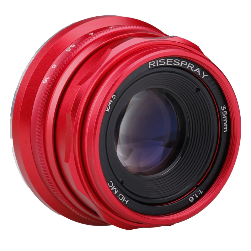 RISESPRAY 35mm F1.6 V APS-C Prime Lente para Sony E A6600 6500 Fuji XF Canon EOS-M M50 Panasonic/Olympus Micro 4/3 Rojo