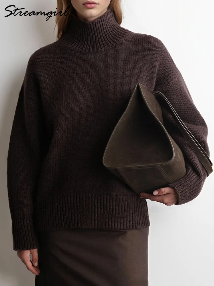 Suéter marrón de cuello alto para mujer, jerséis de otoño de gran tamaño, suéteres amarillos mantequilla, suéter holgado de punto con cuello de tortuga grueso para mujer