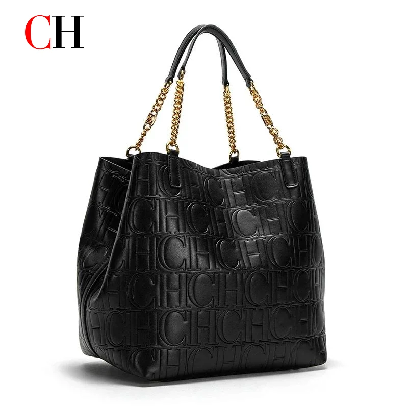 Bolso Tote CH para Mujer, Bolso de Mano de Diseñador de Lujo, Bolso de Hombro de Cuero Repujado a la Moda, Elegante Bolso Tote con Cadena Dorada para Uso Diario