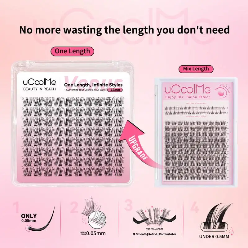 Pestañas Postizas uCoolMe Lashes Venus de Longitud Única, 80 Piezas, Banda Invisible, 8, 10, 12, 14, 16 mm, Extensiones de Pestañas de Tamaño Uniforme y Cero Desperdicio