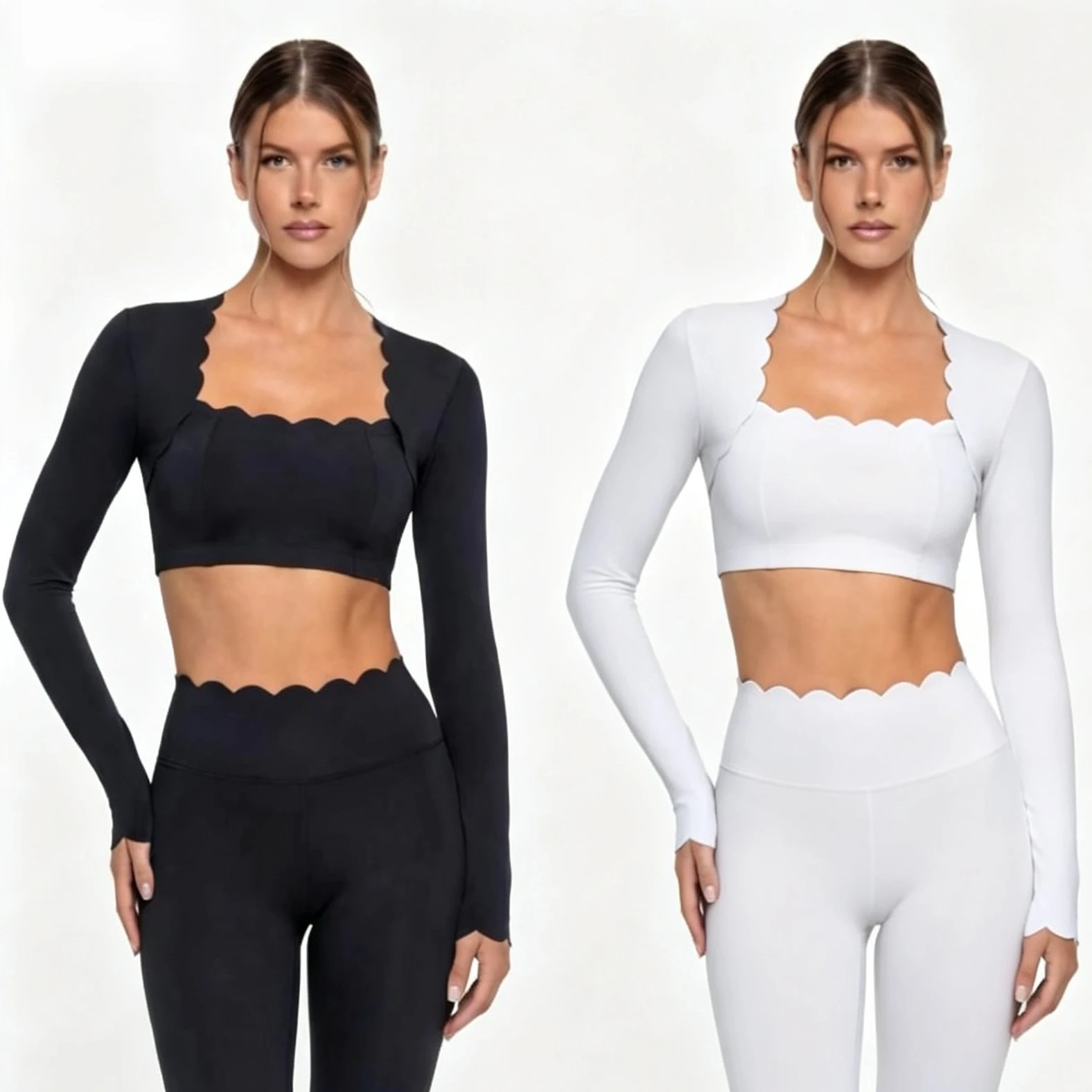 Negro cuadrado cuello apretado alto elástico flaco Yoga deportes mangas largas moda compresión pantalones Fitness Leggings entrenamiento medias