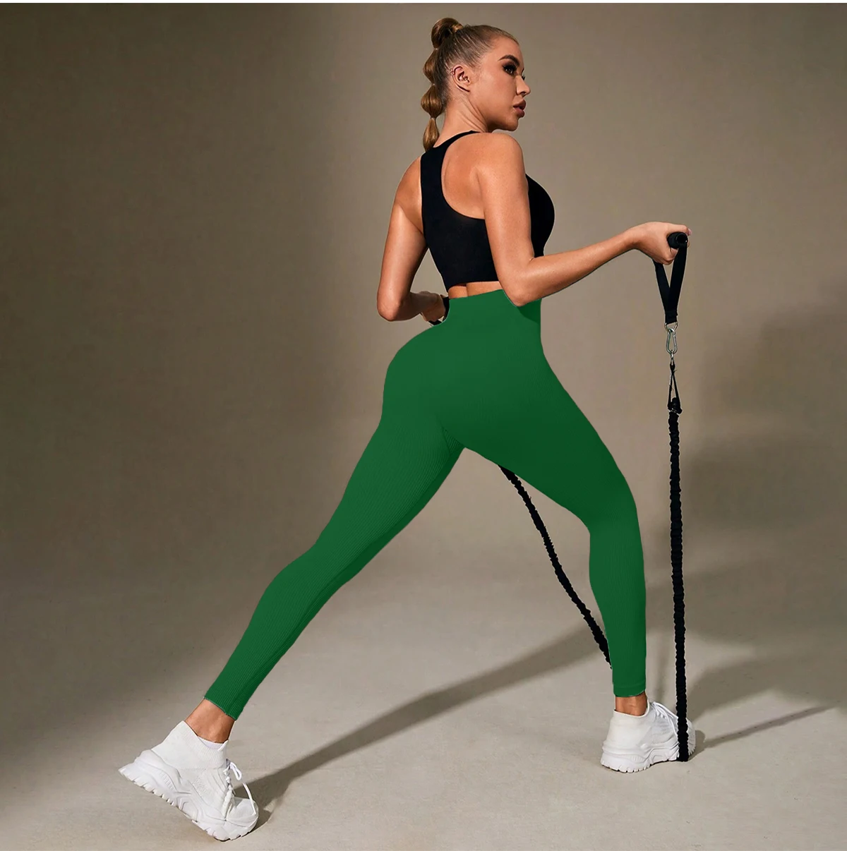 Pantalones de yoga acanalados de cintura alta para mujer, mallas de entrenamiento elásticas con control de barriga de color sólido para fitness, gimnasio, salón y uso diario