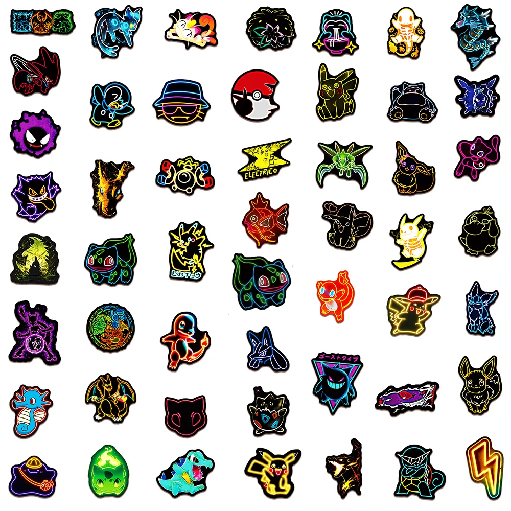 10/30/50 Uds. Cool dibujos animados luz de neón Anime Pokemon pegatinas Pikachu calcomanías de dibujos animados portátil motocicleta teléfono pegatina estética Juguetes