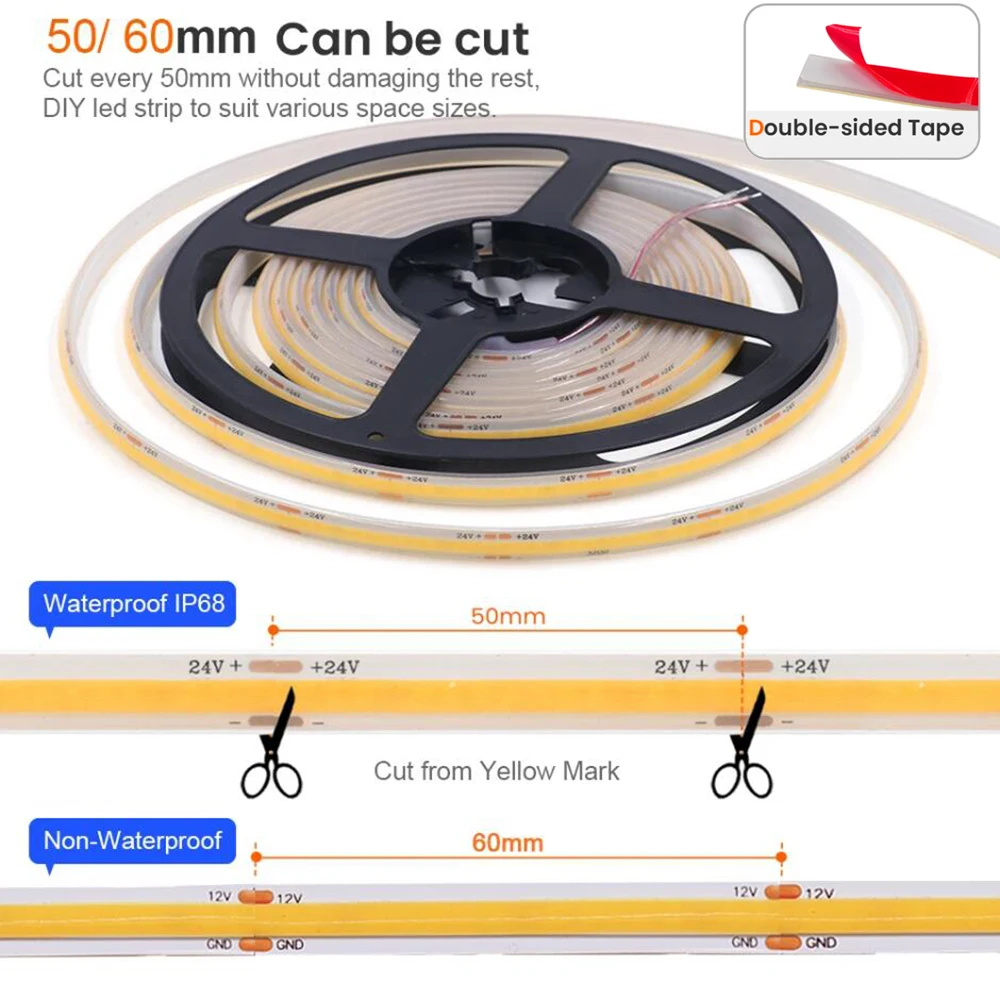 Tira de luces LED COB impermeable IP68 de 12V 24V 5m 10m 15m 20m 0,5m cinta Flexible IP30 320 LEDs iluminación de revestimiento brillante de alta densidad