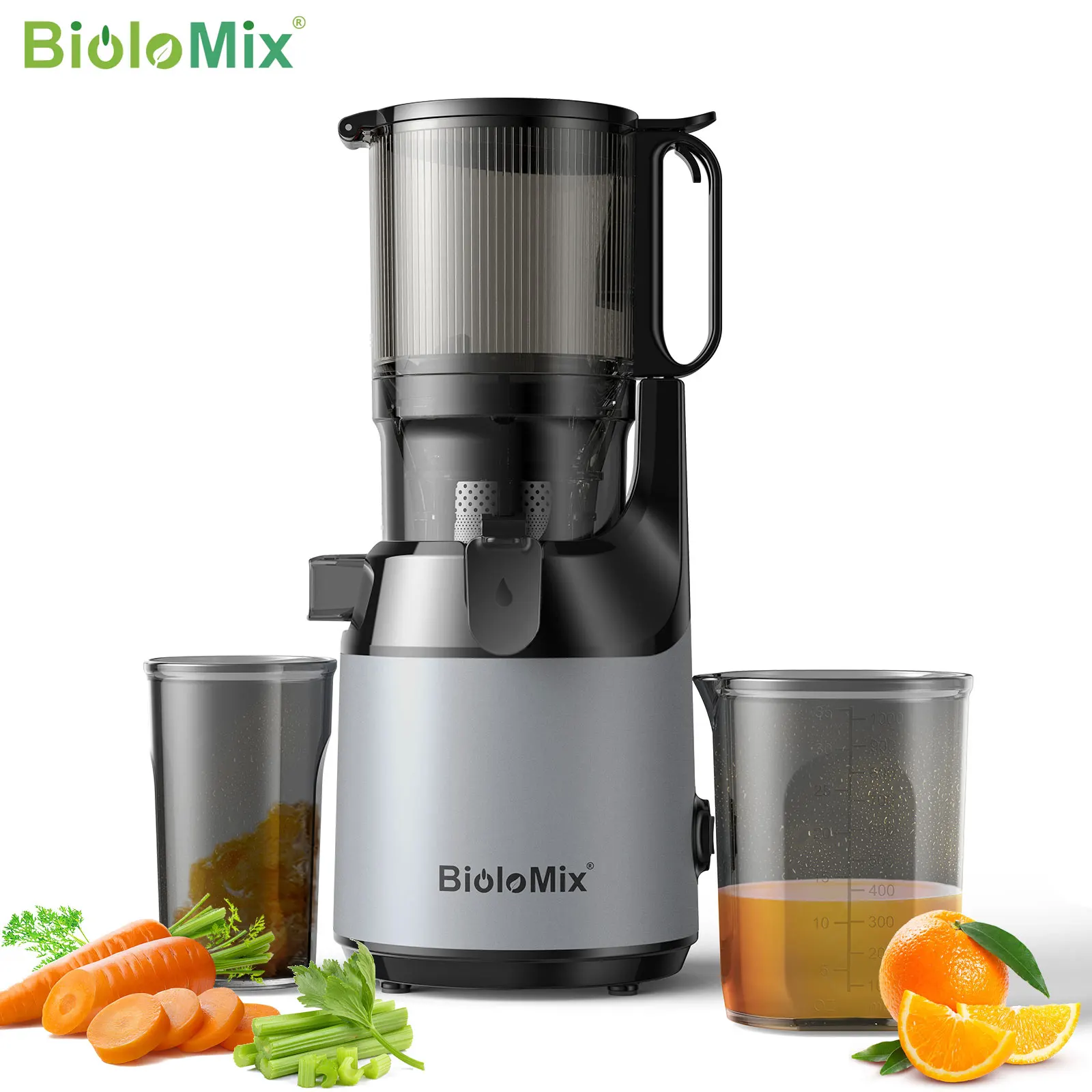 Exprimidor de prensa en frío BioloMix, con conducto de alimentación de 130 mm, apto para frutas y verduras enteras, alto rendimiento de jugo, exprimidor de masticación lenta sin BPA