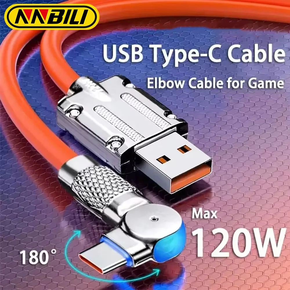 NNBILI 6A USB tipo C, cable de carga rápida para teléfono de 180 grados, cable de datos USB C de 120W para Samsung Xiaomi 12 13 HUAWEI Poco 1m 1,5m 2m ﻿