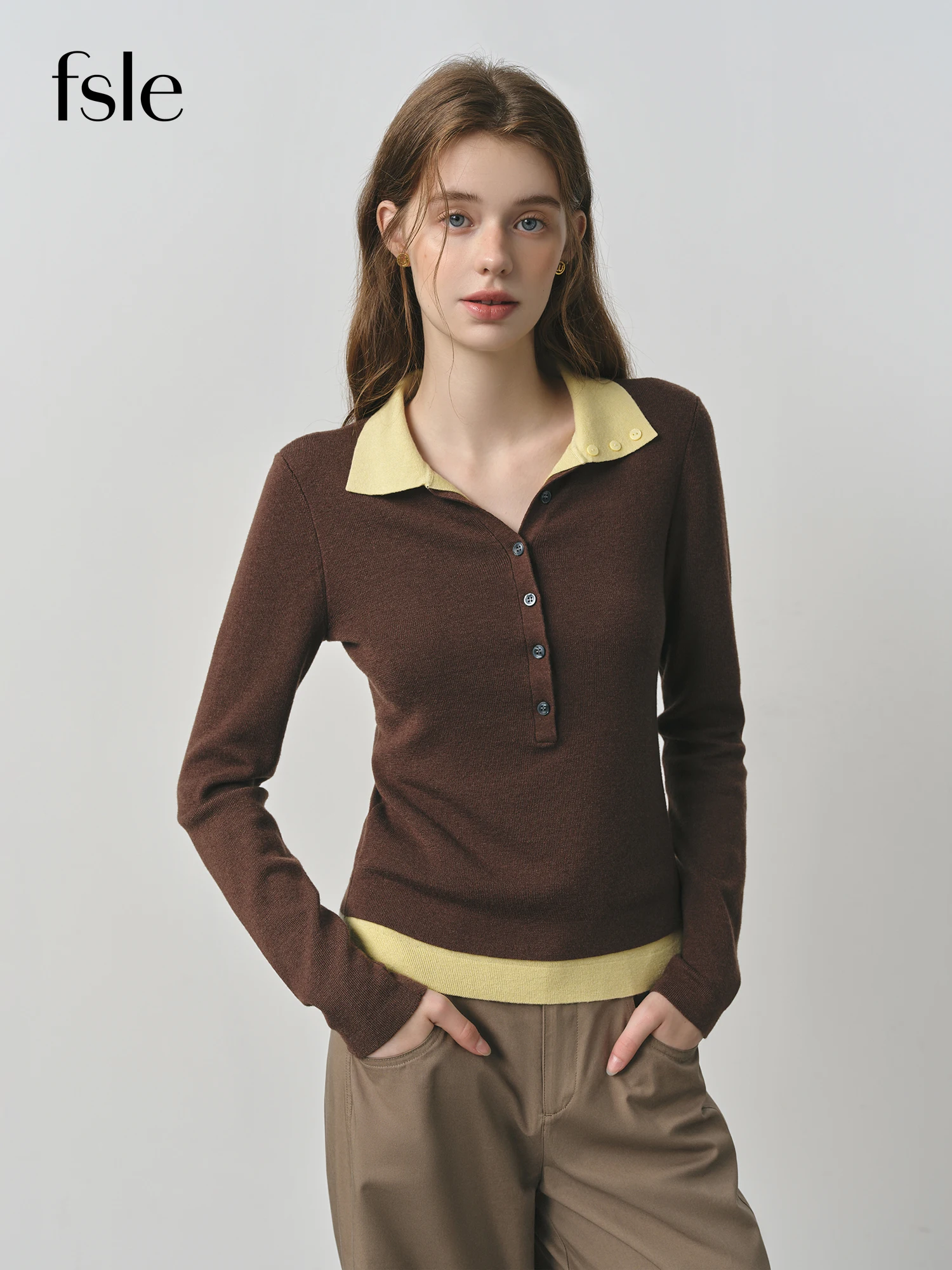 FSLE 2025 nuevo otoño suéter de punto para mujer bloque de Color estilo Barenia falso de dos piezas cuello vuelto Vintage acogedor Cable Top de punto