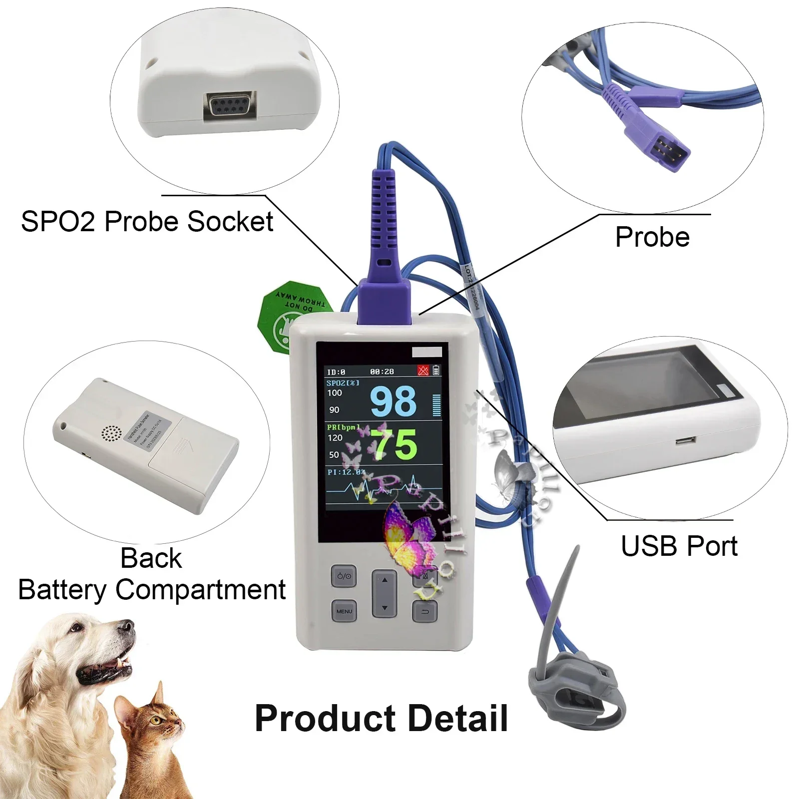 Oxímetro de Pulso Portátil Veterinario, Monitor de Signos Vitales SPO2 PR PI, Monitor de Frecuencia Cardíaca con Memoria, para Adultos, Neonatos, Mascotas, Hospitales, Clínicas y Hogares