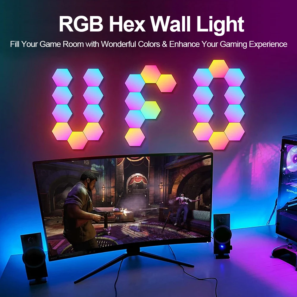 Lámpara de pared hexagonal inteligente RGB con cambio de color, luz ambiental nocturna, forma personalizable, control mediante aplicación y sincronización con el ritmo de la música, ideal para salas de juegos y dormitorios.
