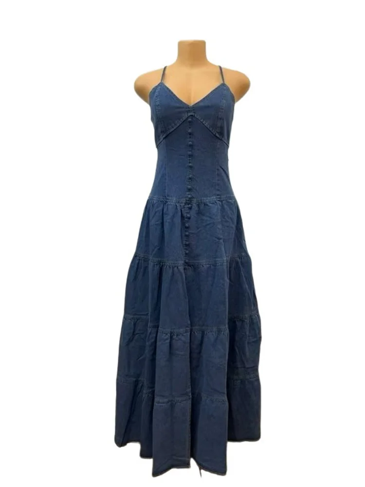 Wmstar vestidos vaqueros para mujer 2025 elegante nuevo dulce Sexy cuello en V profundo Halter vendaje cinturón vestido largo venta al por mayor Dropshipping