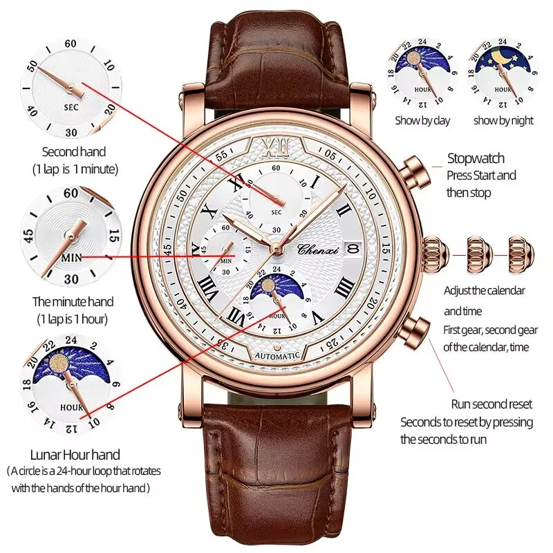 Reloj de cuarzo luminoso para hombre Chenxi 976, cronógrafo de cuero con fecha, fase lunar, cronometraje, estilo ejecutivo, Relojes Para Hombres