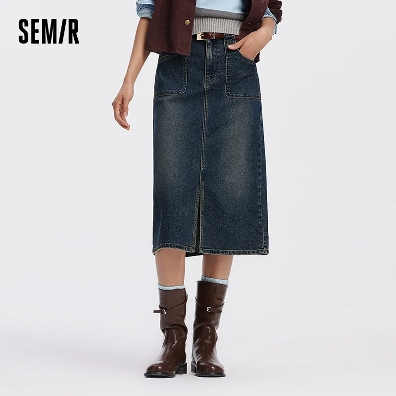 Falda de mezclilla Semir para mujer, estilo retro, recta, larga, ajustada, con abertura, para uso diario urbano y cómodo, otoño 2026