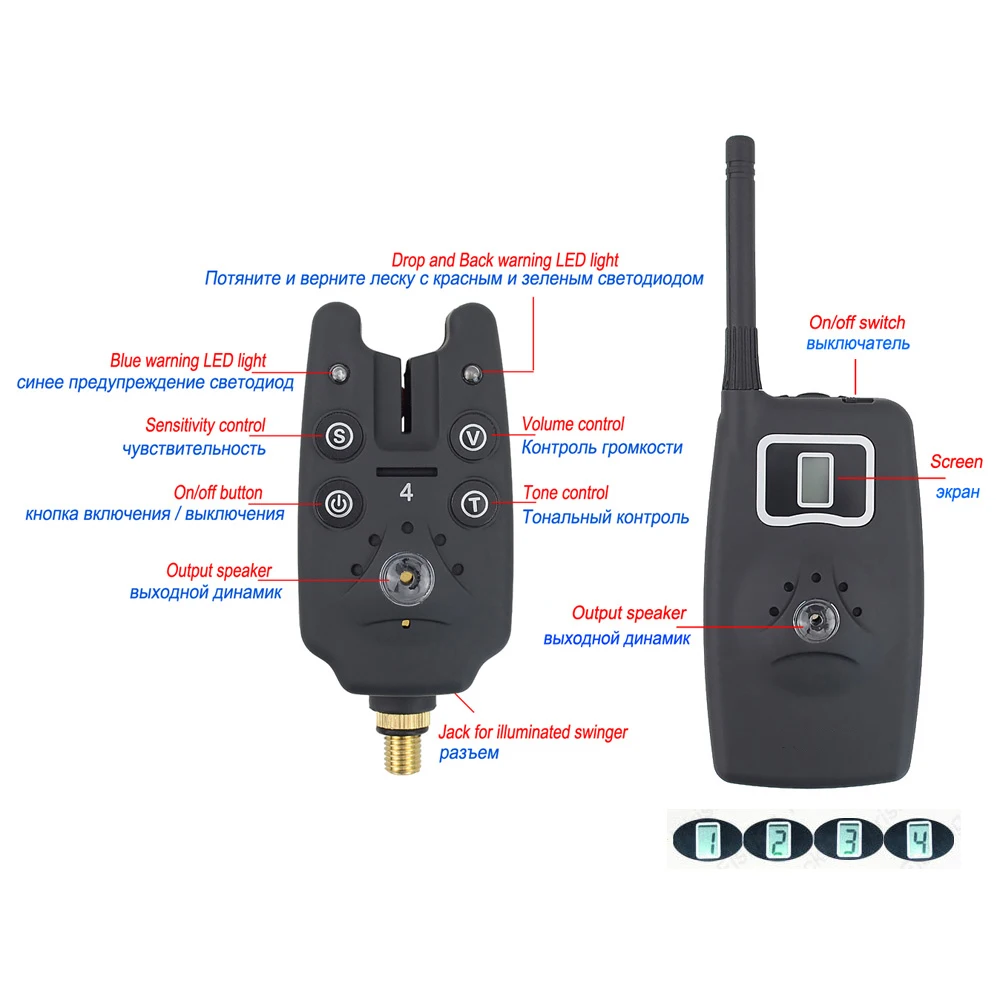 Alarma de picadura de pesca inalámbrica, 1 + 4 juegos con 4 Uds. Swinger iluminado en funda EVA para pesca de carpa B1203S