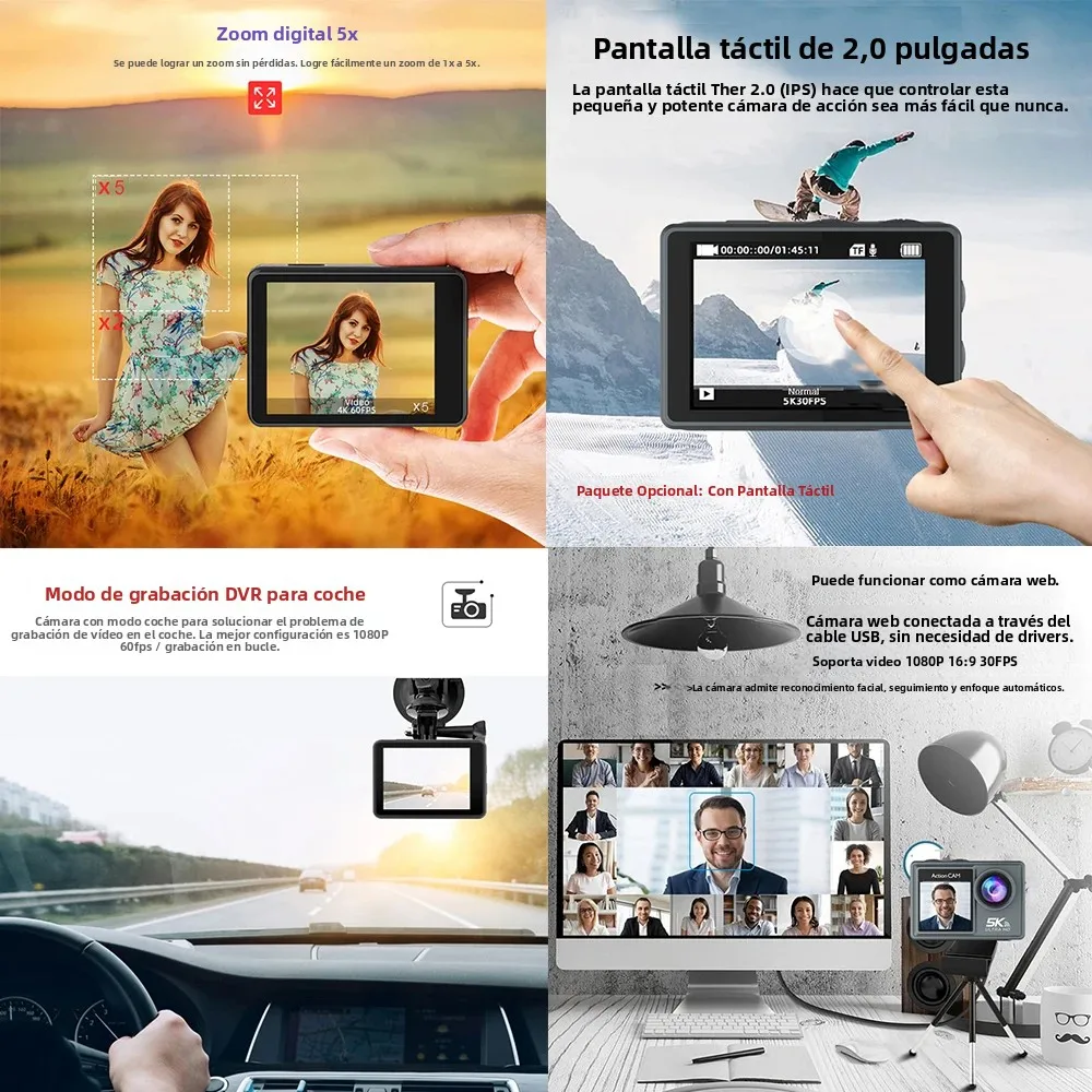 Cámara de Acción 5K 4K60FPS con Pantalla Táctil LCD IPS Dual, DVR, EIS 170 °   Cámara deportiva con zoom de 5 aumentos, resistente al agua hasta 30 metros, con micrófono inalámbrico y control remoto.