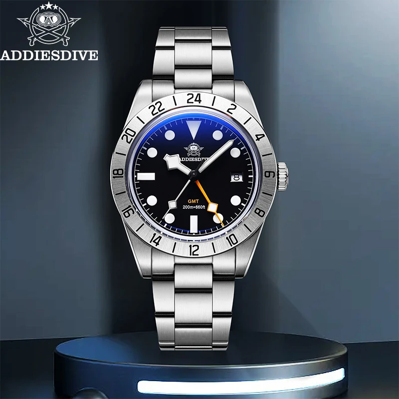 ADDIESDIVE marca superior 39mm relojes de cuarzo GMT 20Bar impermeable luminoso espejo de burbuja reloj deportivo de cristal para hombres reloj Masculino